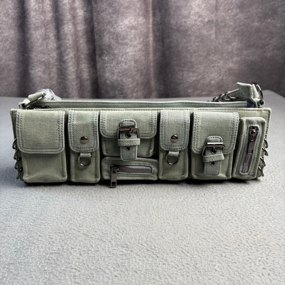 Sage Green Denim Multi Pocket Utility Shoulder Bag Y2K Tactical Bag NWT